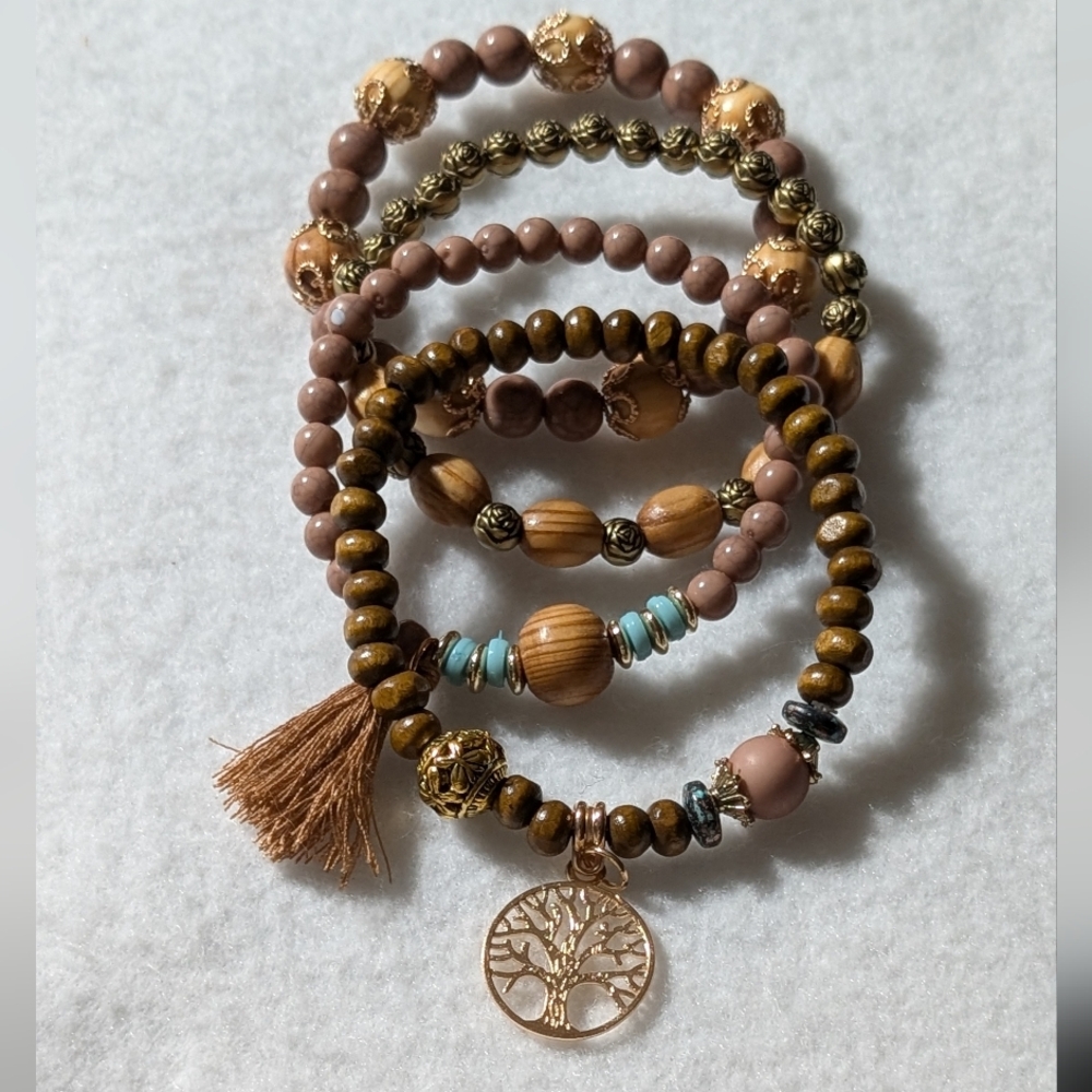 TREE OF LIFE BEADED STRETCH BRACELET SET. FOUR BRACELETS.